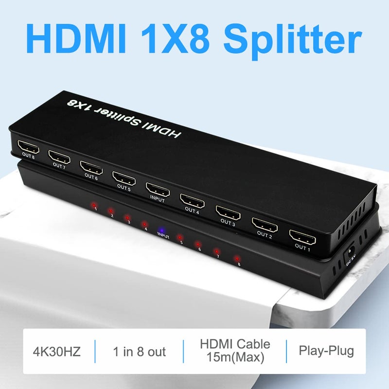 HDSUNWSTD 4K 1x8 HDMI Splitter, One in Eight Out Powered 8way HDMI Splitter Audio Video Distributor Amplifier with Charger, Support Full HD 3D & 4K x 2K Compatible with PS3/4,Fire Stick,Roku,Blu-Ray Playe - Image 3